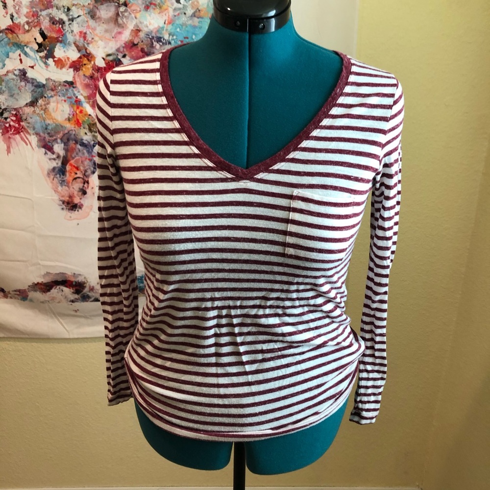 Maroon and White Stripe V-neck